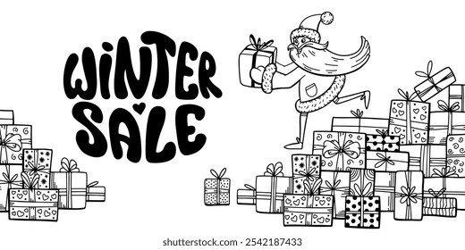 Winter Sale outline doodle banner. Santa Claus and whole lot of gifts. Merry Christmas background. Groovy lettering. For invitation, congratulation, web, cards. Vector outline illustration.