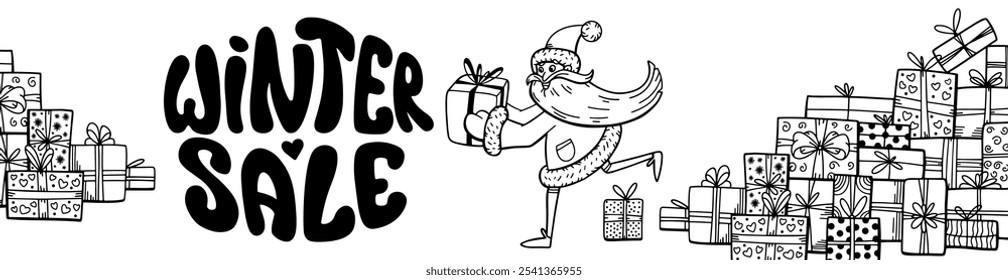 Winter Sale outline doodle billboard. Santa's Gift Delivery. Merry Christmas horizontal background. Groovy lettering. For invitation, congratulation, web, cards. Vector outline illustration.