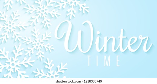 Winter sale. Paper cut white snowflakes. Big discounts. Special offer. Seasonal cover. Vector illustration. EPS 10