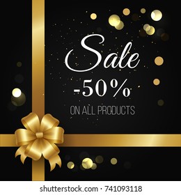 Winter sale poster -50% off on all products vector with sparkling blurred elements, glittering circles and gold bow on crossed ribbons on black