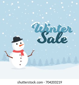 Winter Sale Poster, Banner or Flyer with illustration of snowman on falling snow background.