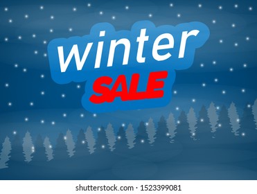 Winter sale poster banner, mountains winter snowy with firs, for winter and new year holidays.