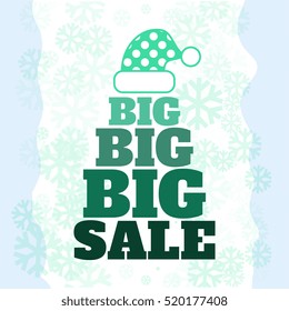 Winter sale poster with BIG SALE text. Advertising blue and green vector banner template
