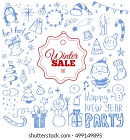 Winter sale poster with Christmas doodles. Vector illustration.