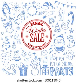 Winter sale poster with Christmas doodles. Vector illustration.