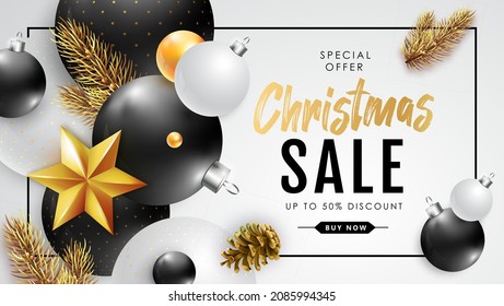 Winter sale poster with christmas holiday decorations. Christmas and New Year background. Vector illustration