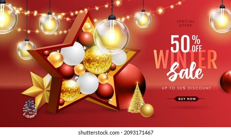 Winter sale poster with christmas holiday decorations. Christmas and New Year background. Vector illustration