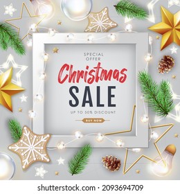 Winter sale poster with christmas holiday decorations. Christmas and New Year background. Vector illustration