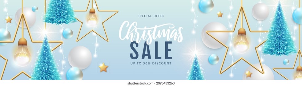 Winter sale poster with christmas holiday decorations. Christmas and New Year background. Vector illustration