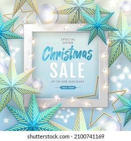 Winter sale poster with christmas holiday decorations. Christmas and New Year background. Vector illustration