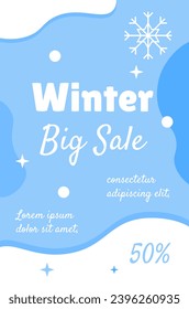 Winter sale poster. Christmas and New Year Eve. Marketing and advertising. Blue flyer, leaflet and booklet. Discounts and promotions. Graphic element for website. Cartoon flat vector illustration