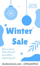 Winter sale poster. Christmas and New Year Eve. Marketing and advertising. Blue flyer, leaflet and booklet. Blue decorative balls on pendants. Banner or cover. Cartoon flat vector illustration