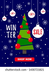 Winter sale poster with christmas tree,balls and snowflakes isolated on blue background.Shop now. Vector illustration for website and banners,ads, coupons, promotional material