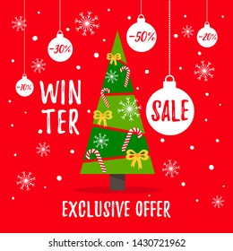 Winter sale poster with christmas tree,balls,snowflakes and candies isolated on red background.Exclusive offer. Vector illustration for website and banners,ads, coupons, promotional material