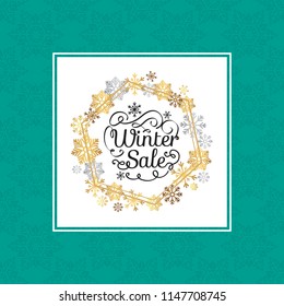 Winter sale poster in decorative frame made of silver and golden snowflakes, snowballs of gold in x-mas green border isolated on white vector