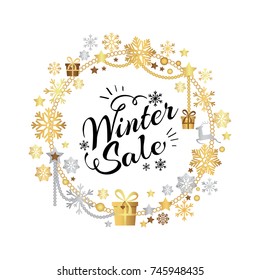 Winter sale poster in decorative frame made of silver and gold snowflakes, snowballs in xmas border, presents and gifts isolated on white vector