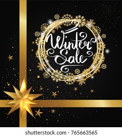 Winter sale poster in decorative frame made of silver and golden snowflakes bow with ribbon in corner, stars of gold in x-mas border isolated on black vector