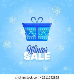 Winter Sale Poster Design With Gift Box And Snowflakes Decorated On Blue Bokeh Blur Background.