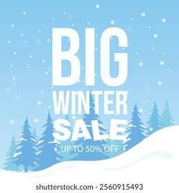 Winter sale poster design with snowflakes Free Vector. Flat winter sale illustration with snowman and fir trees