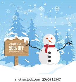 Winter sale poster design with snowflakes Free Vector. Flat winter sale illustration with snowman and fir trees