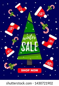 Winter sale poster with fir tree,snow,candies,christmas hats and socks isolated on blue background.Shop now.Vector illustration for website and banners,ads, coupons, promotional material