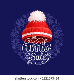 Winter sale poster knitted red hat with white pom-pom vector. Warm headwear item, cloth thick woolen chunky yarn, hand knitting crochet headdress