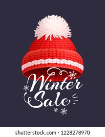 Winter sale poster knitted red hat vector icon isolated. Warm headwear item, wintertime cloth thick woolen chunky yarn, hand knitting crochet headdress