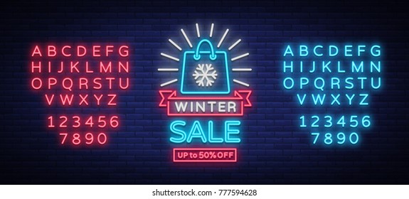 Winter sale of a poster in neon style. Neon sign, bright flyer, glowing banner, night neon advertising on the theme of winter holiday discounts and sales. Vector illustration. Editing text neon sign