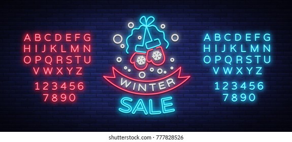 Winter sale of a poster in neon style. Neon sign, bright flyer, glowing banner, night neon advertising on the theme of winter holiday discounts and sales. Vector illustration. Editing text neon sign