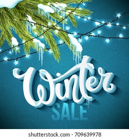 Winter sale poster with realistic fir tree, icicles and christmas sparkling lights. Vector illustration.