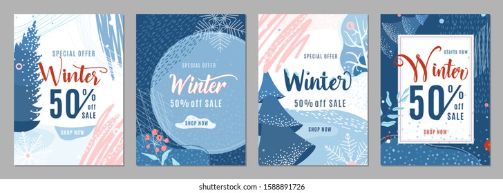 Winter sale poster set background. Winter-time gift discount offer banners in whimsical memphis modern flat style. Christmas ad flyer with snow, fir tree, snowflakes and texture graphic elements.