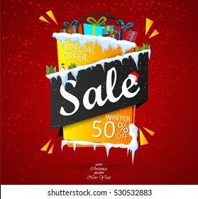 Winter sale poster with snow and icicles. Discount sticker. Special offer vector isolated. Advertisement tag.