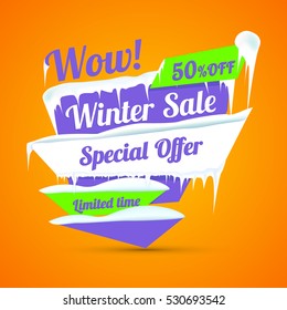 Winter sale poster with snow and icicles. Discount sticker. Special offer vector isolated. Advertisement tag.