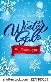 Winter sale poster with snowflakes. Big winter sale poster, advertising, booklet. Vector illustration with isolated design elements