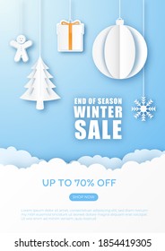 Winter Sale Poster Template Background. Merry Christmas Online Shopping. 3D Paper Art and Craft. 
