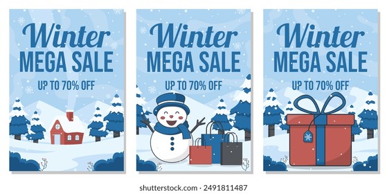 Winter sale poster template banners set with cute snowman and winter landscape illustration.