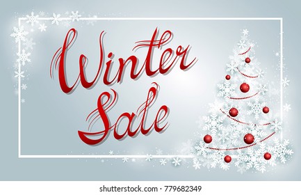Winter sale poster template with lettering text sign on blue background with cute Christmas tree from snowflakes, with decorations, red balls and frame