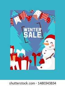 Winter sale poster vector illustration. Happy New Year card. Nature landscape with Christmas tree, snowman in hat and mittens holding presents. Winter holidays and weekends.