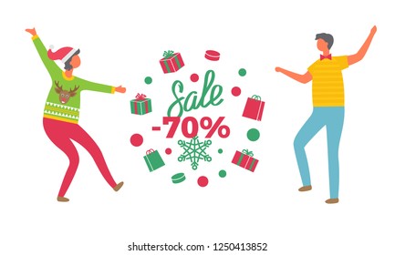Winter sale poster, woman in Santa Claus hat. Man in sweater and jeans, and tag in wreath of gifts, 70 percent discount label, vector people isolated