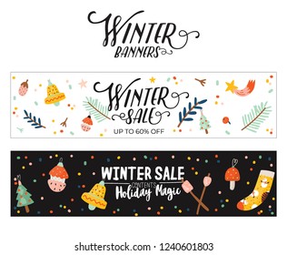 Winter Sale posters and banners. Cute Christmas illustration in vector. Scandinavian New Year elements and holiday typography good for winter sale stickers, labels, tags, cards, posters.