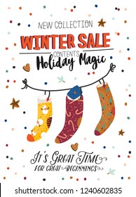 Winter Sale posters and banners. Cute Christmas illustration in vector. Scandinavian New Year elements and holiday typography good for winter sale stickers, labels, tags, cards, posters.