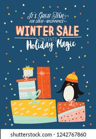 Winter Sale posters and banners. Cute Christmas illustration in vector. Scandinavian New Year elements and holiday typography good for winter sale stickers, labels, tags, cards, posters.