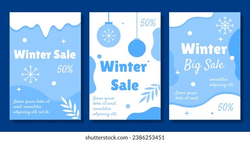 Winter sale posters set. New Year and Christmas. Electronic commerce and marketing. Discounts and promotions. Limited special offer. Cartoon flat vector collection isolated on blue background