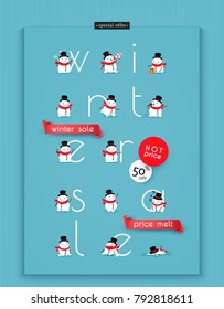 Winter sale. Prices melt. Creative advertising banner illustrated with melting snowmen. Vector illustration