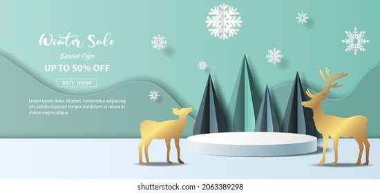 Winter sale product banner, a mountainous and forested landscape with couple reindeer, paper illustration, and 3d paper