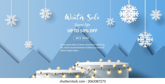 Pancarta de productos de venta de invierno, 
plataforma de podio con formas geométricas y copo de nieve, ilustración de papel y papel 3d.