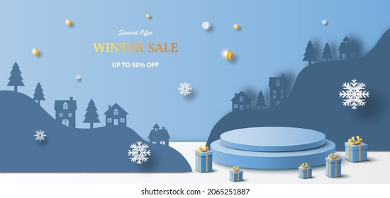 Winter Sale Product Banner, 
Podium Platform With Geometric Shapes And Gift Boxes, Village Background.