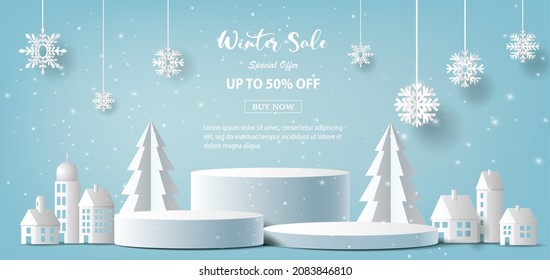 Winter sale product banner, podium platform with geometric shapes and snowflake, paper illustration, and 3d paper.