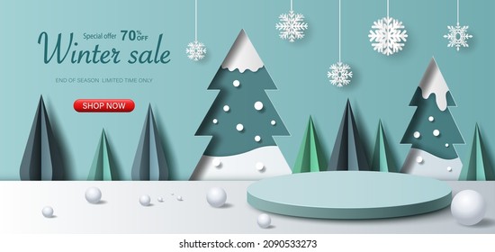 Winter sale product banner, podium platform with geometric shapes and snowflake, paper illustration, and 3d paper.