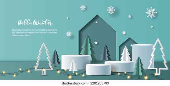 Winter sale product banner, 
podium platform with geometric shapes and snowflakes background, paper illustration, and 3d paper.